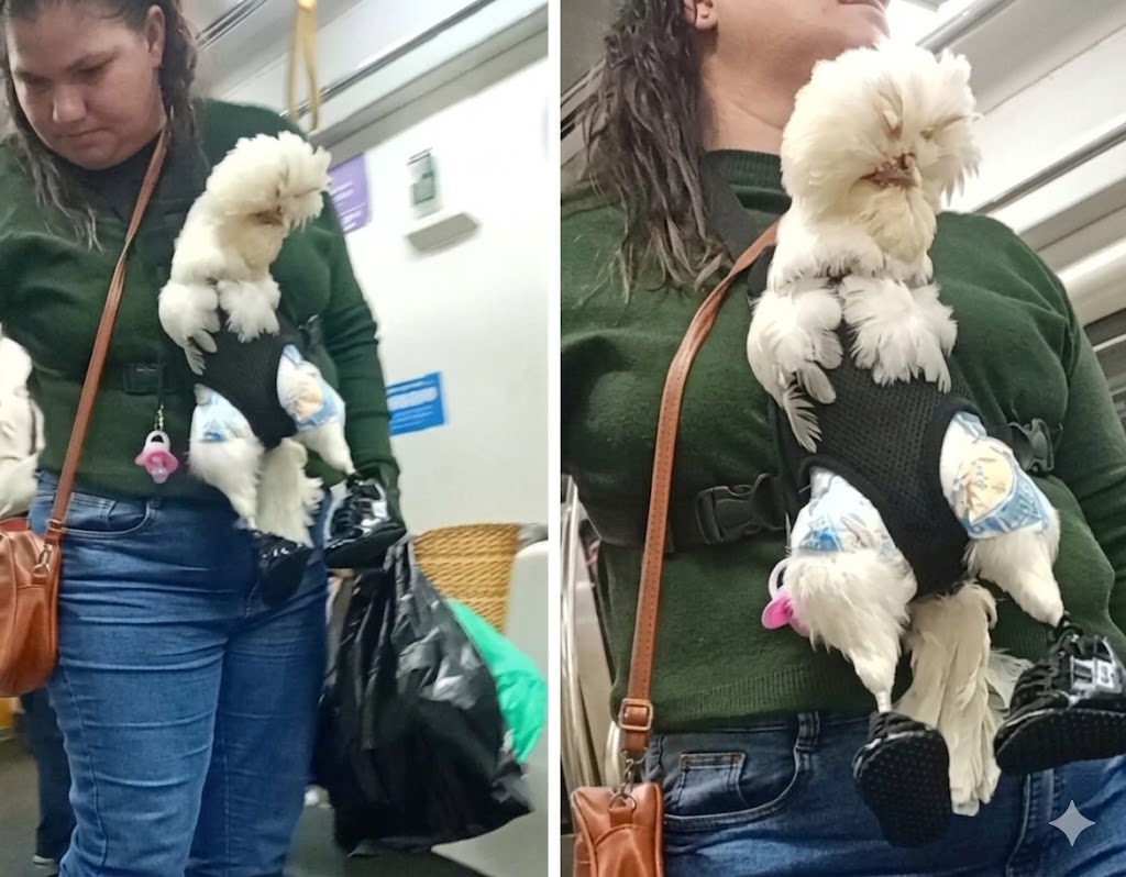 Mulher é vista com galinha no cólo em metrô.