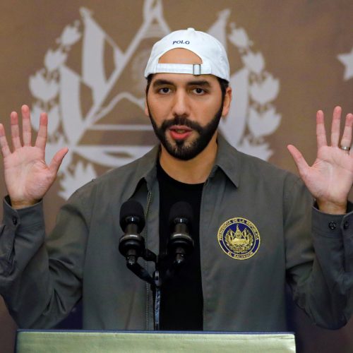 El Salvador's President Nayib Bukele speaks at a news conference before casting his vote during the municipal and parliamentary elections in San Salvador, El Salvador, February 28, 2021. REUTERS/Jose Cabezas